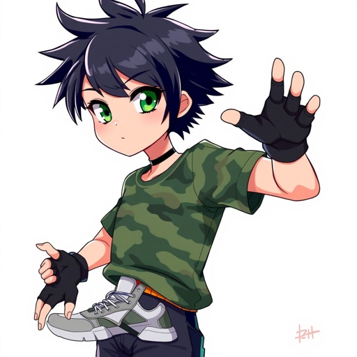 Short black hair. Jade green eyes. A camouflage shirt. Tomboyish. 13 years old