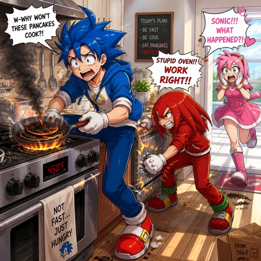 Sonic the Hedgehog, Sonic as a human, knuckles the echidna as a human,and Amy rose the hedgehog as a human,there in the kitchen sonic is burning the pancakes he is freaking out, knuckles is punching the oven angrily saying “stupid thing”,Amy is coming in the kitchen and freaks out saying “what are you guys doing”