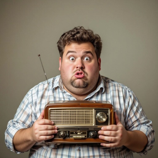 Create a funny fat guy who has a book box radio , make it kinda cartoonish 