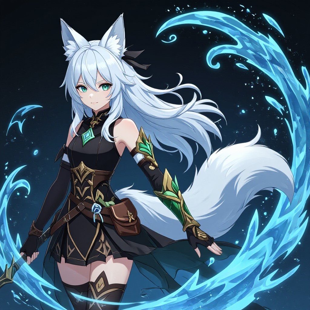 (In the style of an anime game called Genshin Impact) A pale teenage girl wearing black, has medium white hair, has large fox ears and a fluffy tail and a dark green and brown ancient right arm with a black glove on her left arm holding a sword of ice with a black-ish background with ice swirling around her