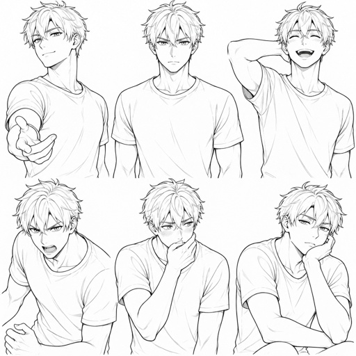 Different face expressions male half body drawing base, dynamic,