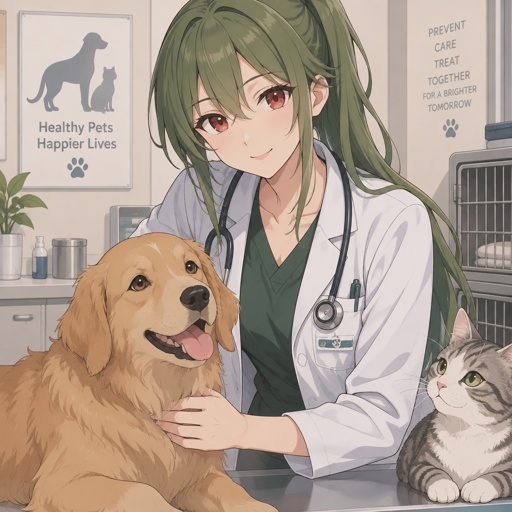 Green haired woman, red eyes, veterinarian attire