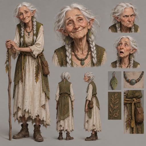 Female, wrinkled, 80s, two braids, messy white hair, skinny, leaf earrings, dress, green vest, brown rope around waist, slightly pointy ears, one bead necklace, concept, face expressions