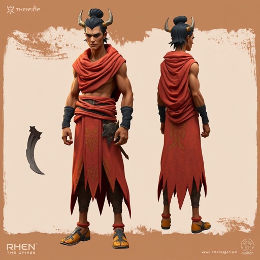 Create handsome guy name Rhen the Fire – A lean, muscular man. He wears layered, flowing desert robes dyed in warm reds and golds, with scorch marks where flames have licked them. A curved blade hangs at his hip. Show whole body head to toe including her shoes.