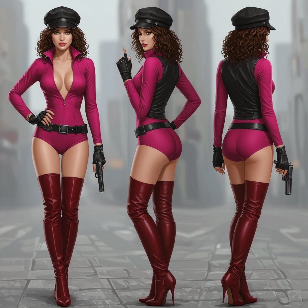 Dark Brown Frizzy Haired Spy Thief in a Tight Hot Pink full low v cut Bodysuit. Dark Red Thigh High Pump Boots. Black Biker Gloves. Black and Red Newsboy Cap. Dark Red open Vest. Black Leather utility belt