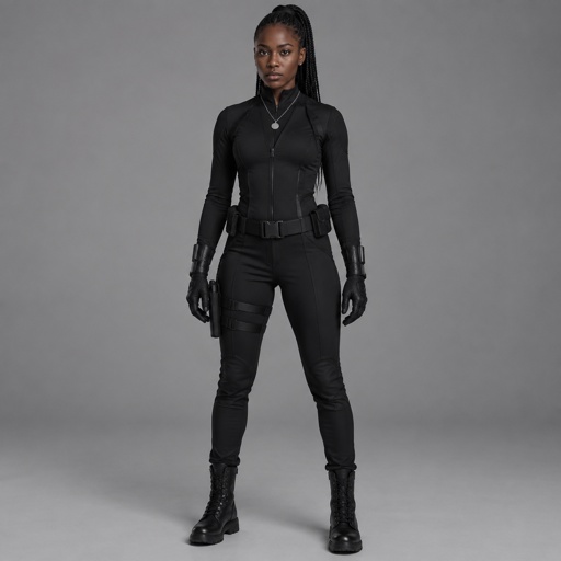 A full picture of a dark girl in dark braids tied in a pony tail wearing a black spy suit with a silver necklace on her neck not too long or short and a stunt straight face
