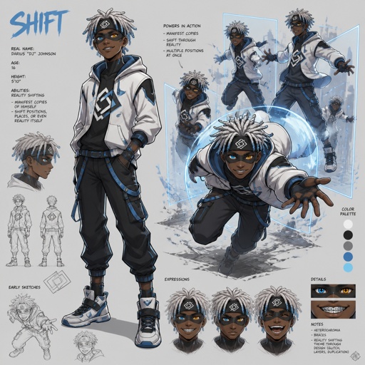 Male superhero with reality shifting, African American, teenager, headband, mask, white dreads blue tips, heterochromia, braces, multiple of the same character 