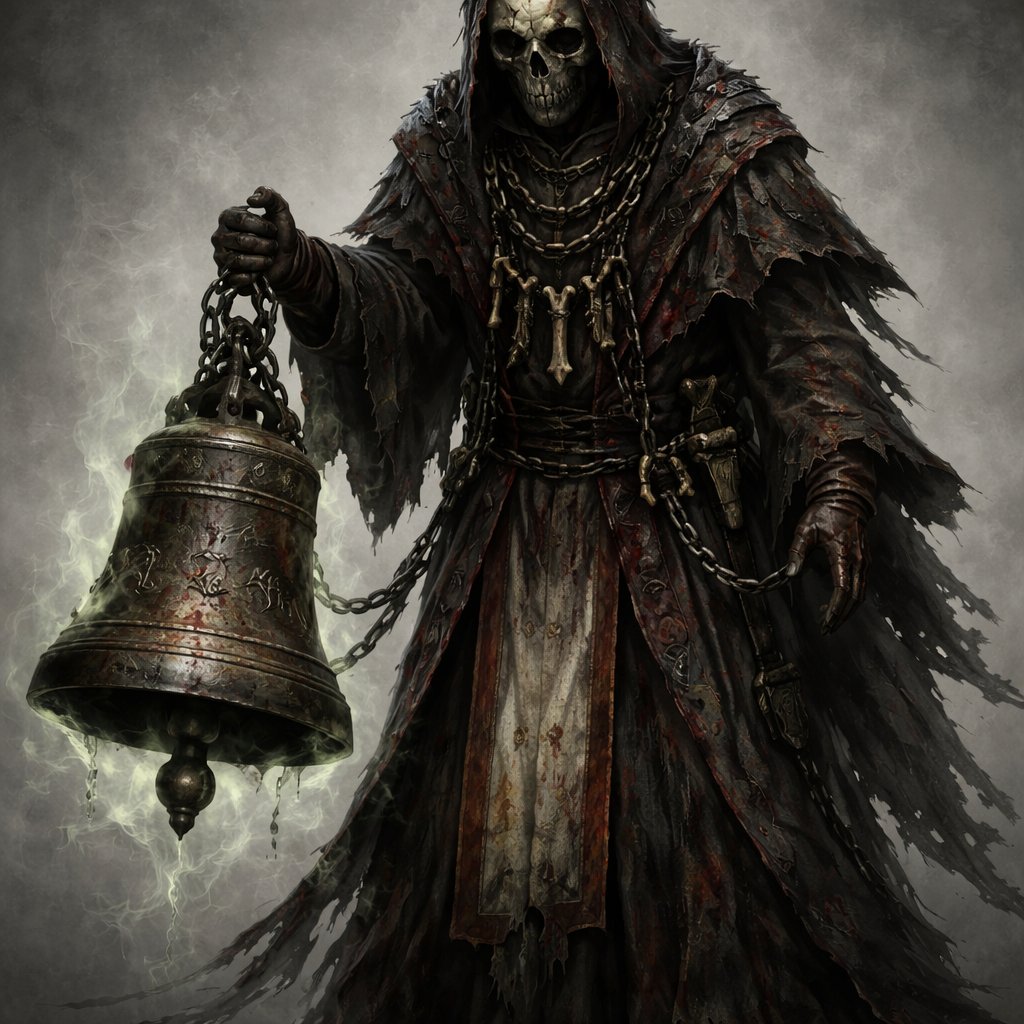 Once a holy man—now something far more disturbing. • Wears a cracked, expressionless mask resembling a skull • Carries a heavy iron bell that emits a deep, unnatural tone • The sound of the bell disorients enemies… and sometimes stops hearts entirely He mutters prayers no one recognizes anymore.