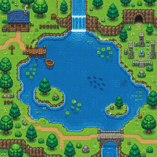 Lake for a modern fantasy game, exterior, top down style