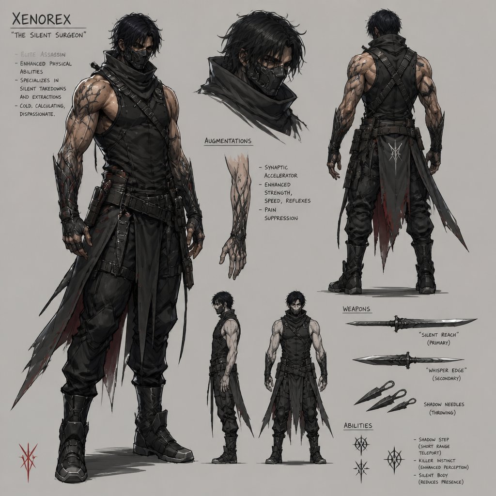 Male villain, assassin, enhanced physical abilities, concept, sleeveless