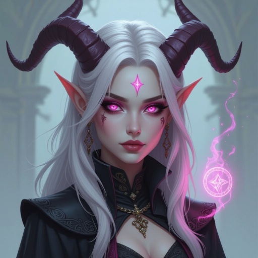  Female half Drow half tiefling short small frame high intelligence and high intimidation. Wizard class pale pink tiefling eyes 