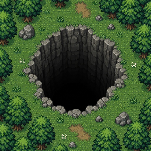 Bottomless pit in a forest for a modern fantasy game, top down style
