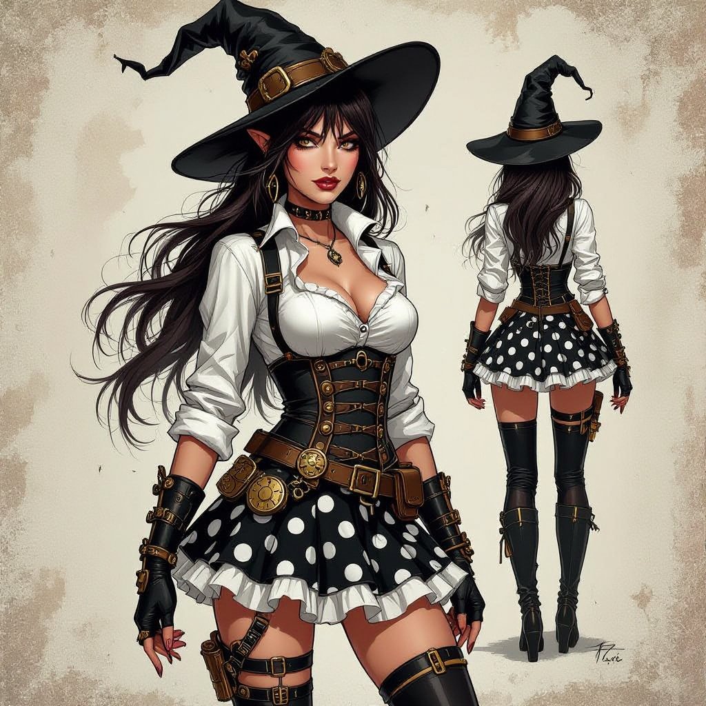Brunette witch elf in a battle worn and damaged tight black and white polka dot mini skirt and white blouse and witches hat. The outfit had seen wear and tear