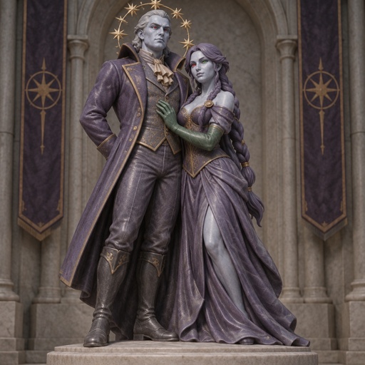 Male, grey short slick pointy back hair, light blue skin, completely full red eyes, red eyes, halo of gold stars surrounding head, purple long coat buttoned up, purple shirt and collar, shirt sleeves over palms, tall boots, black pants, blue details on clothes, pointy shoulder pads dark purple, Female, purple braids, messy bangs, one red eye the other green, black triangle under eyes, stars on face, dark purple lipstick,  purple dress with a short front, short puffy sleeve, gold corset, long green gloves, green details on clothes, stars on top, ruffled collar, black pants, male talks to female 