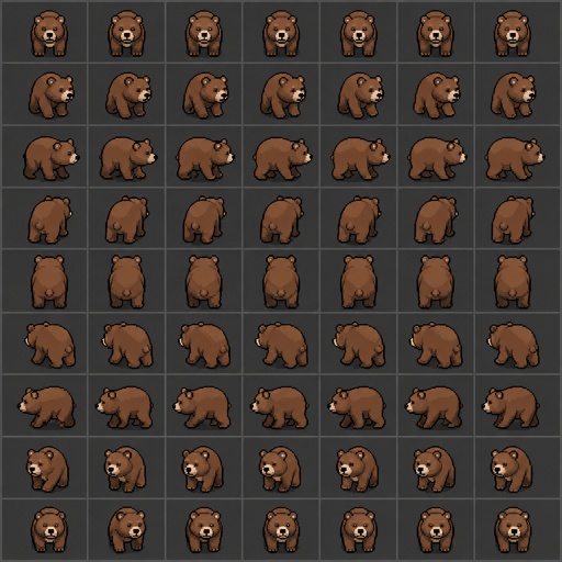 Bear for a fantasy game set in modern times, top-down style, 360, different colors