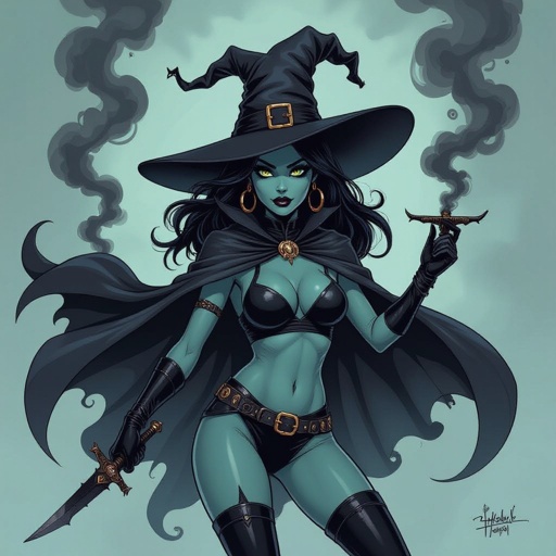 sexy shadow demon witch gypsy slate grey skin large black billowing cloak that emits darkness and shadow smoke. Two piece. Witches Hat.  Wields Black Evil Shadow Smoke Daggers