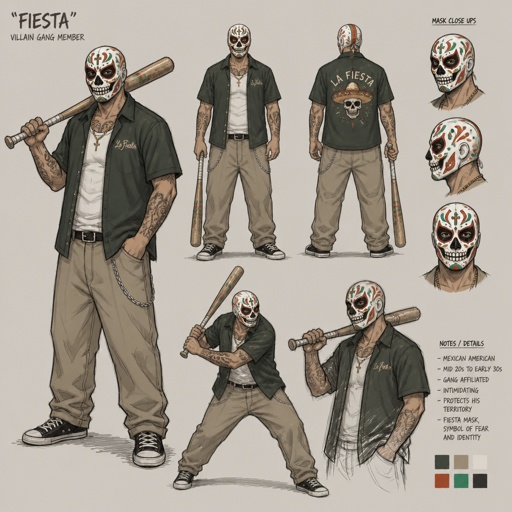 Male Villian, fiesta, mask,Mexican American, gang member, uses a bat, wip, multiple of the same character 