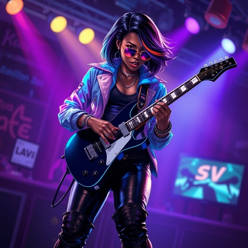 African American female cyberpunk with shoulder length hair in a layered side part style wearing a glowing blue jacket rose gold and purple shades and black jeans with black boots playing a Flying V electric guitar in a club