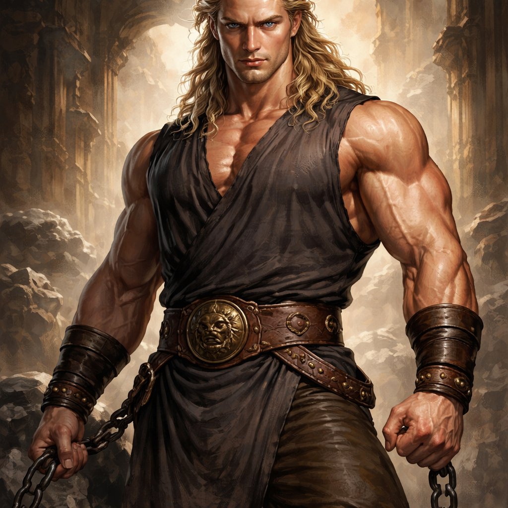 A tall well~proportioned male, so handsome he looks like a Greek god with muscles. With deep-set blue eyes and strong brows, hinting at inner depth“. His hairstyle is a blonde mullet. He works at freak show as a strong man. His outfit consistsed of a Charcoal-toned sleeveless tunic, thick leather belt, leather wristbands/cuffs, brown pants.
