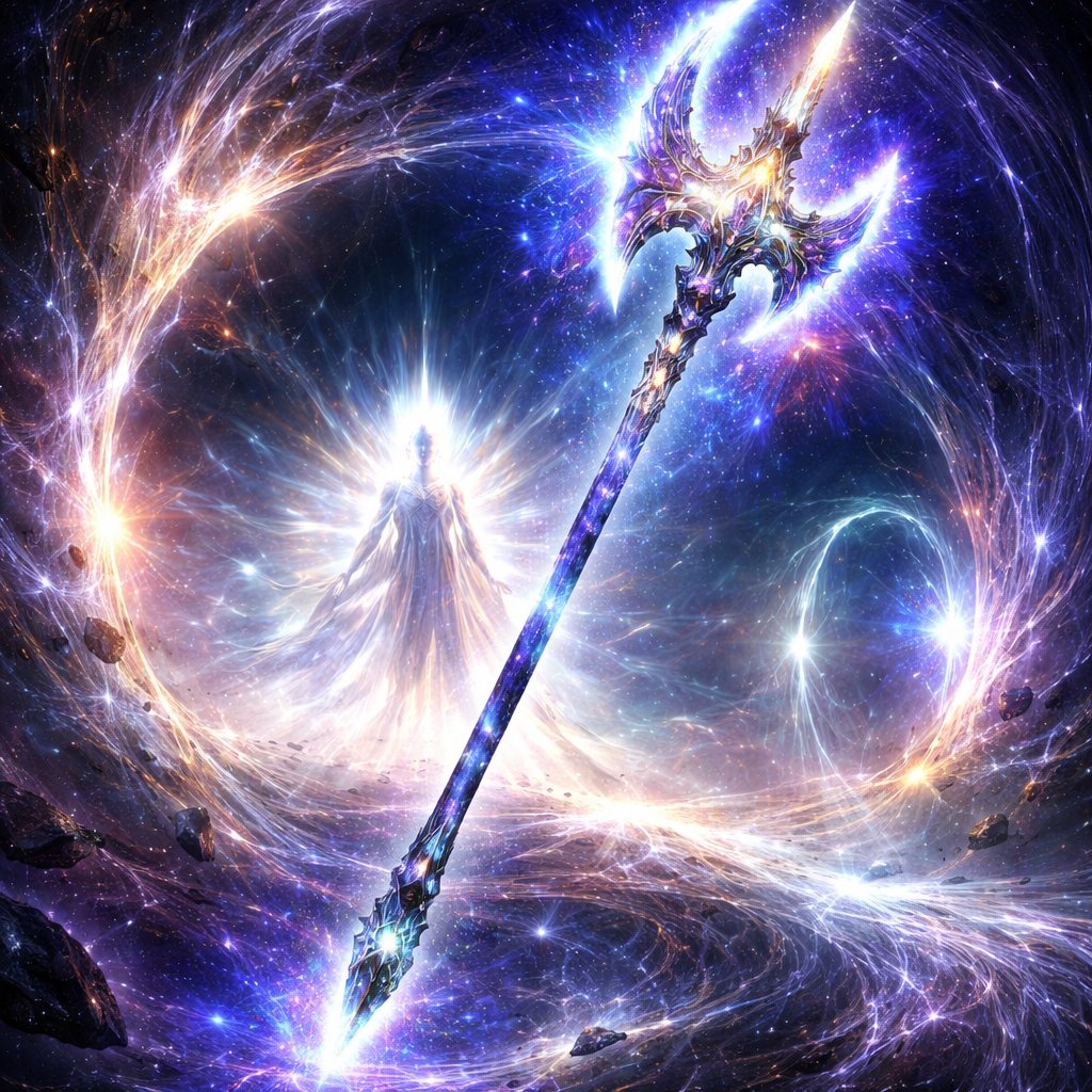 une arme céleste unique, forgée dans le creuset des âges et des dimensions : l’Égide d’Éon. L’Égide d’Éon est une hallebarde d’une beauté surnaturelle, dont le manche est sculpté dans un métal inconnu, brillant comme mille étoiles. Sa pointe est une lame d’énergie pure, capable de transpercer non seulement la matière, mais aussi le tissu même de l’espace-temps. Lorsque l’arme est brandie, elle émet un halo d’énergie cosmique, vibrant au rythme des éons passés et futurs. Son histoire légendaire commence lors de la convergence des temps, un événement où tous les êtres, connus et inconnus, de toutes les époques, furent rassemblés par une force mystérieuse. C’est alors qu’un forgeron divin, maître des dimensions, façonna l’Égide d’Éon en utilisant les fragments d’astres disparus et les éclats des réalités effondrées. L’arme fut donnée à un gardien élu, chargé de maintenir l’équilibre entre les mondes et de déchirer les anomalies temporelles menaçant l’existence. On raconte que l’Égide d’Éon peut ouvrir des portails vers des époques oubliées ou futures, mais aussi sceller des failles temporelles avant qu’elles ne détruisent la réalité. Son pouvoir est incommensurable, mais elle ne peut être maniée que par celui dont l’âme est en harmonie avec le flux du temps, un être capable de comprendre que chaque instant est à la fois un passé, un présent et un avenir. Cette arme céleste symbolise la maîtrise du temps et de l’espace, une légende gravée dans le cœur des univers mêlés.