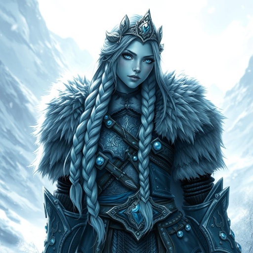 Create a character head to toe showing the whole character: Alvara the Frostheart – A tall, battle-hardened woman with pale, icy-blue skin that glimmers like frost in the sun. Her long silver hair flows in braids tipped with frozen beads. She wears heavy, fur-lined armor made from the hides of snow beasts. Her eyes glow faint blue. A frost-shaped crown rests lightly on her head.