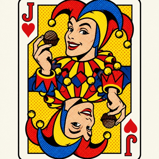 Jester holding a candy truffle on in a bicycle playing card style   