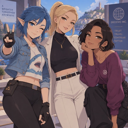 Link from legends of Zelda wearing modern clothes, female Light rider from Fortnite, neck length blue hair, cropped jean jacket black leggings, tshirt with shark on it, gloves, Squire from deceive inc wearing modern clothes
