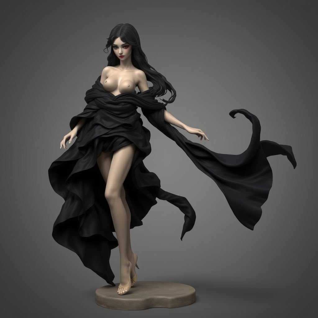 Create character hero Veyra of Shadows – A lithe, mysterious black woman draped in layered black silks that move like smoke around her. With jet-black hair. Show her whole body head to toe including her shoes.