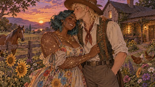 vibrant colorful sketchy historical dnd art illustration of a man playfully kissing a woman on the forehead in a flowering farm field in front of a farmhouse at dusk. the woman is tall, strong, curvy, and gentle with wavy bobbed teal hair, dark tan skin, freckles, brown eyes, and all encompassing glittering constellation tattoos, wearing a soft colorful flowy country dress. she giggles and hugs her friend. the man is tall, gentle, and sweet with a blonde messy mullet, soft green eyes and freckles, wearing a cowboy hat and vibrant farm clothes.