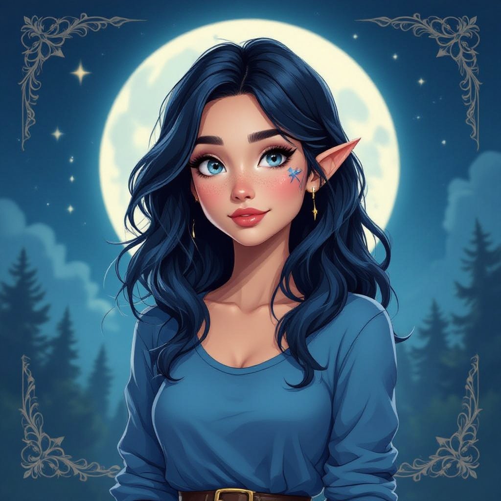 She has waist length dark blue fading into black hair. She has star freckles and eyebrow scar on her right eyebrow side closest to her nose she has a crescent moon birth mark behind her left ear close to the ear lobe. Her eyes are a smoky grey she is 4’8. She has a blue long sleeve shirt with black pants 