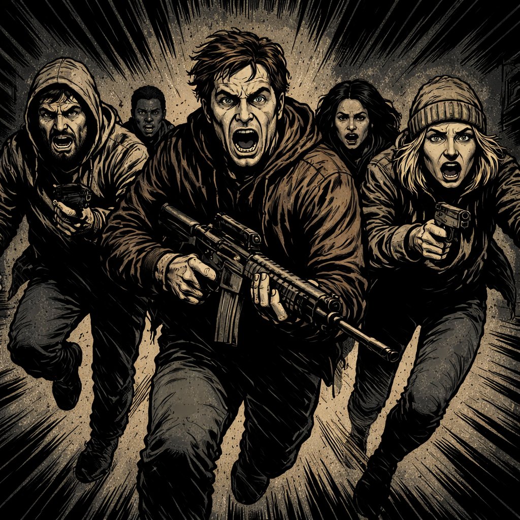 Realistic, refined, no caricature from the front we see a group of men and women holding a rifle another a firearm and they’re running away in fear toward the camera It is very dark.