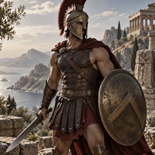 His name is Apollo, a Greece butterfly, transformed into a human warrior. He is muscular, have Sparta helmet and armor, his a shield and swordwarrior