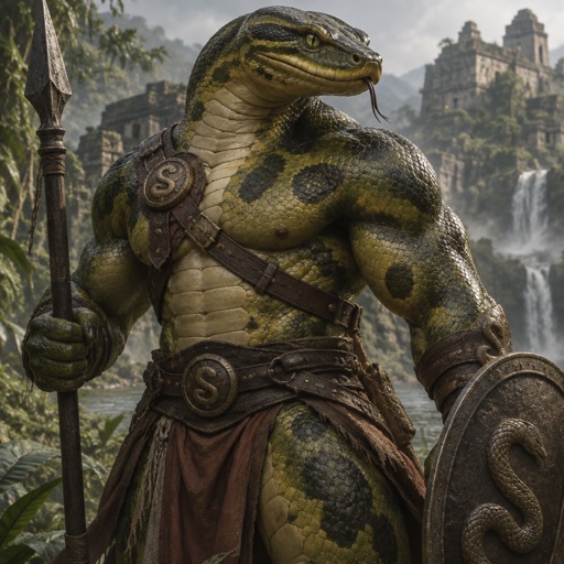 His name is Anacon. He is a large green  Anaconda warrior, muscular.