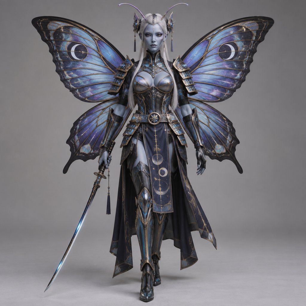 A gorgeous alien butterfly woman in a futuristic space samurai armor. Show whole body.