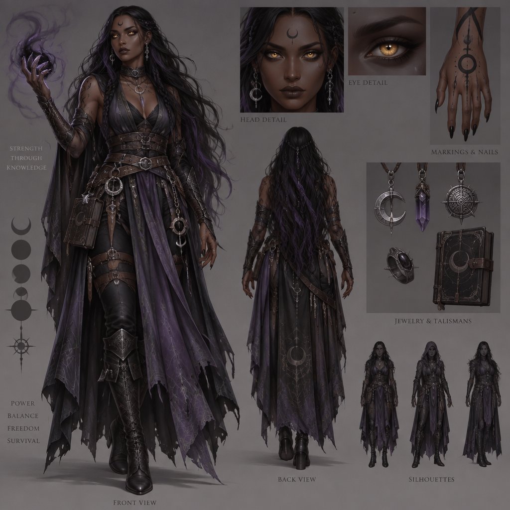 Dark fantasy female sorceress, deep brown skin, very long black hair with subtle violet highlights, glowing golden eyes, crescent moon magical mark on forehead, black magical markings on arms, long pointed nails, elegant practical fantasy clothing in black, muted purple and dark silver, layered fabrics, leather details, mystical jewelry, powerful and mysterious expression, warrior-sorceress, full body character concept art, detailed fantasy illustration