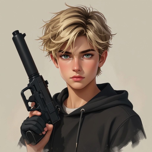 Dirty Blonde short hair teenage boy with dark training outfit on and a training hand used weapon 