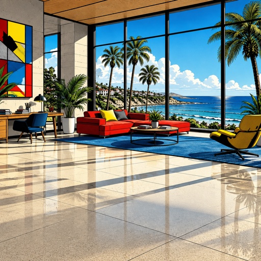 a living room filled with furniture and large windows