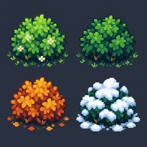 Bush for a modern fantasy game, in all the seasons, top down style, shading and highlights