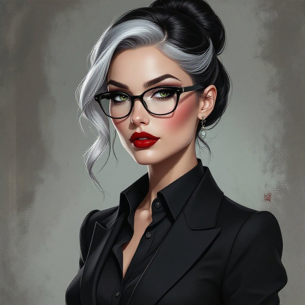 Pale-skinned woman, age 42, with black hair streaked subtly with silver streaks, tied up in a strict bun. Sharp, dark eyes and defined features. Wears deep red lipstick. Outfit is tailored black trousers, a black silk long-sleeve button-up shirt, and deep red kitten heels. Sophisticated, gothic, dark-academia energy. Optional thin rectangular glasses. Overall vibe: elegant, intimidating, intellectual — like someone who sips red wine by a massive Victorian fireplace while reading classics in a silk robe.