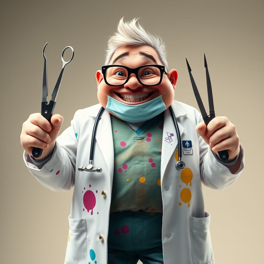 create a fat doctor. Who is funny human looking from head to toe. And he always immediately results to surgery for anything even small things. So please be sure to show his whole outfit head to toe. Make him have funny teeth
