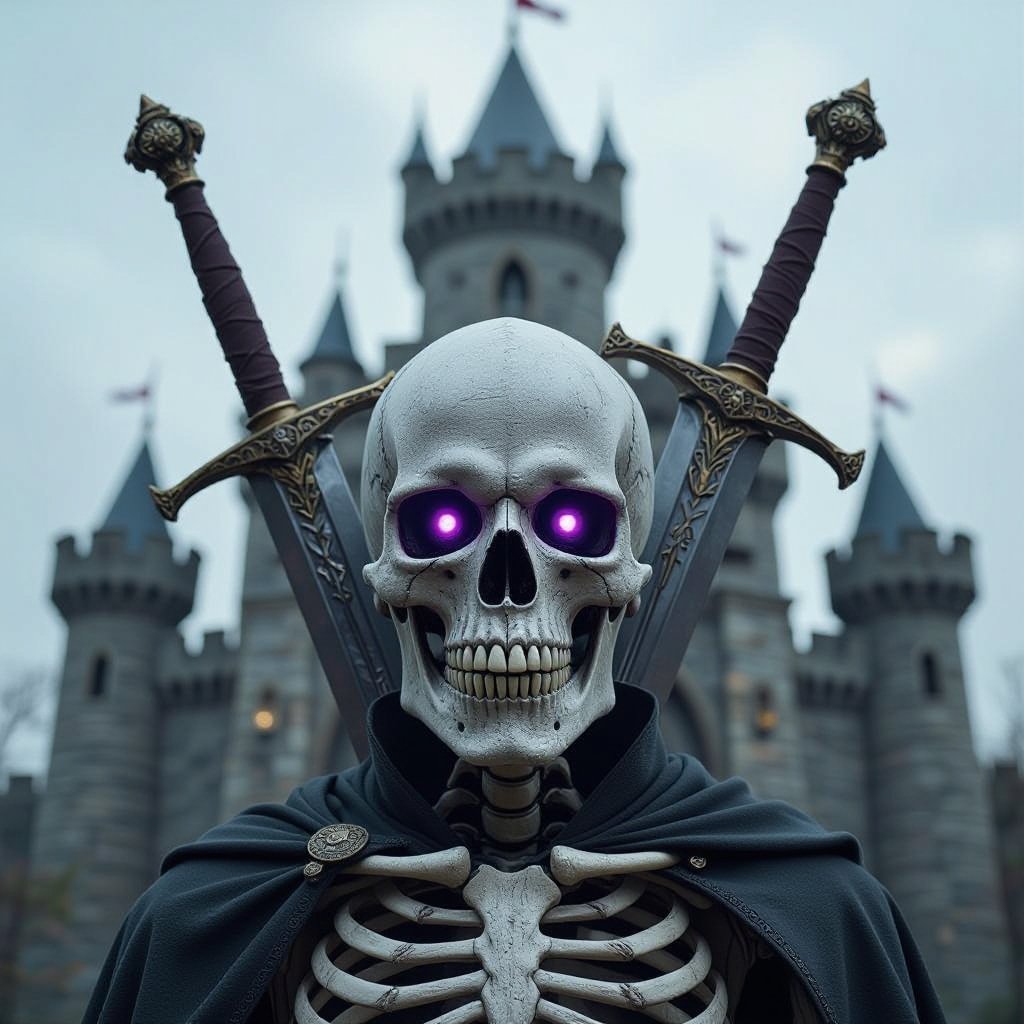 A skeleton with grey skin on his face and purple eyes and a big sword on top of a dungeon castle 
