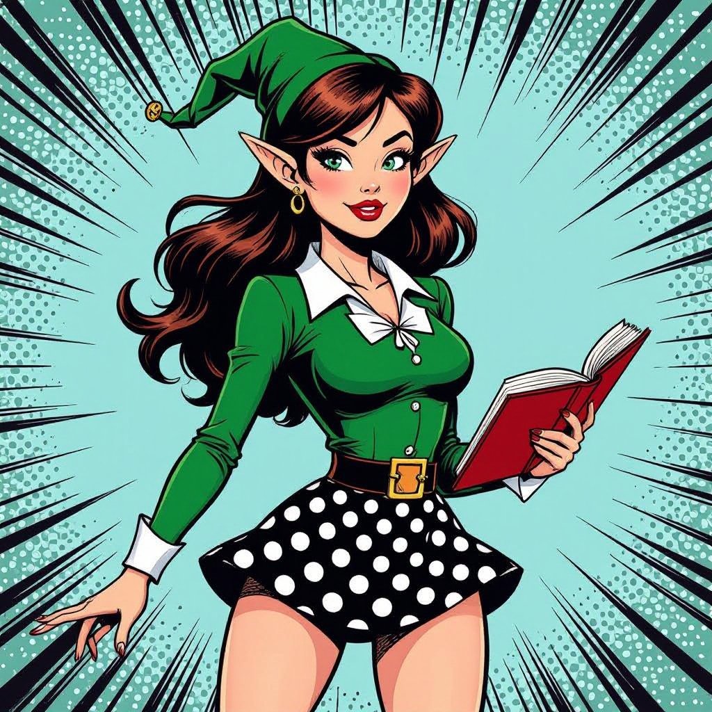 Tight Black and White Polka Dot Miniskirt Elf Witch Librarian with Brunette Hair. 