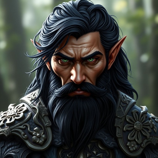 A black elf man in his late forties with a black beard and black hair 