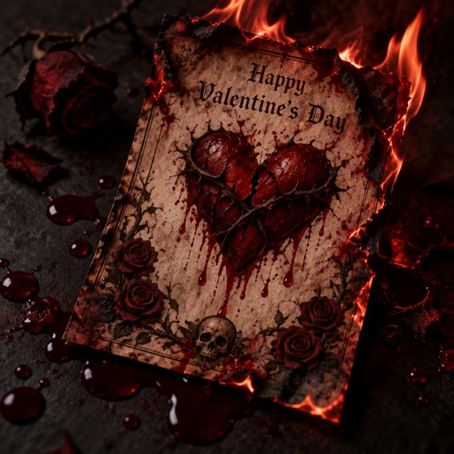 valentine day card on fire with drops of red blood around it