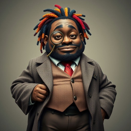 Create a funny serious fat character similar to Sherlock Holmes, but make him of black decent and with dread locks. Show his whole outfit including his shoes.