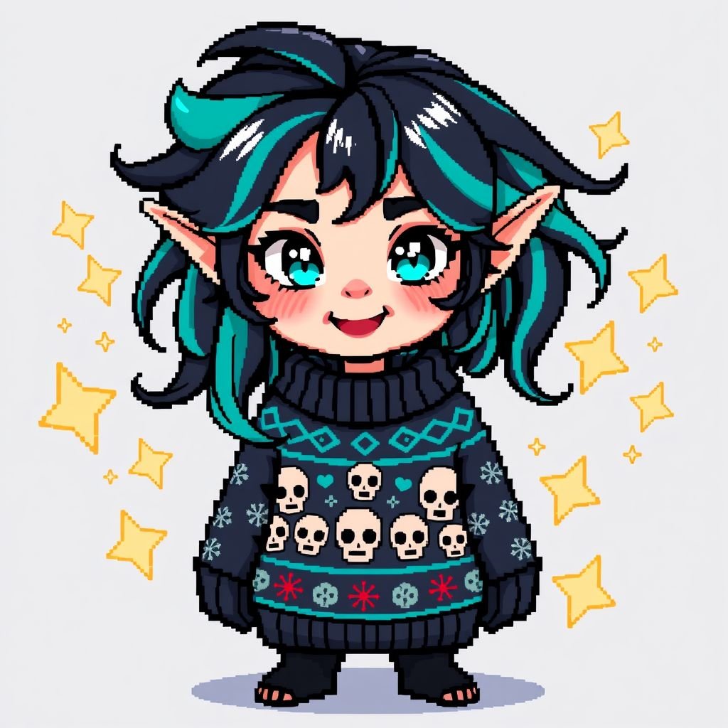 Elf with black and turquoise hair in a comfy sweater with a huge kink for skulls