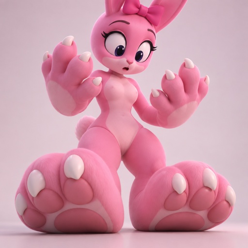Pinki from Sprunki as her kind wererabbit self noticing that she is getting bigger and stronger with her feet looking like wererabbit paws and her hands looking the same all for Jevin from Sprunki 