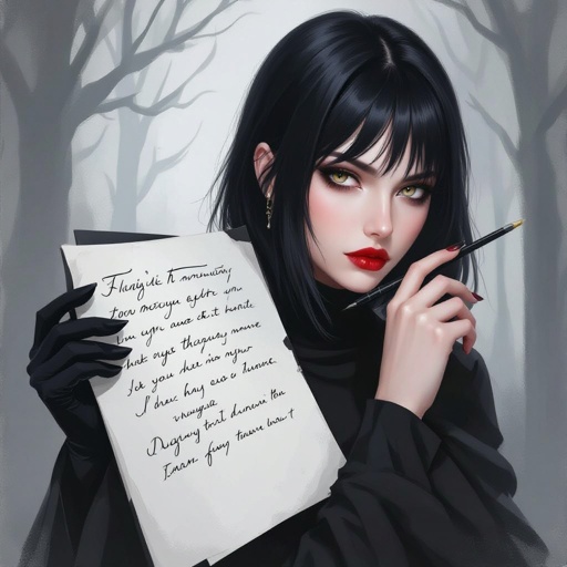 Create mysterious woman jet-black hair is cut sharpand her eyes seem to pierce through darkness. A shadowy aura clings to her form,