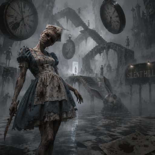 Silent hill with the nurse from the silent hill movie but in Alice’s dress from Alice in wonderland 