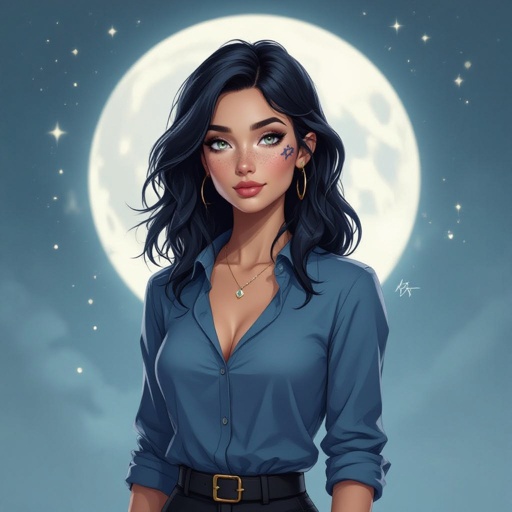 She has waist length dark blue fading into black hair. She has star freckles and eyebrow scar on her right eyebrow side closest to her nose she has a crescent moon birth mark behind her left ear close to the ear lobe. Her eyes are a smoky grey she is 4’8. She has a blue long sleeve shirt with black pants